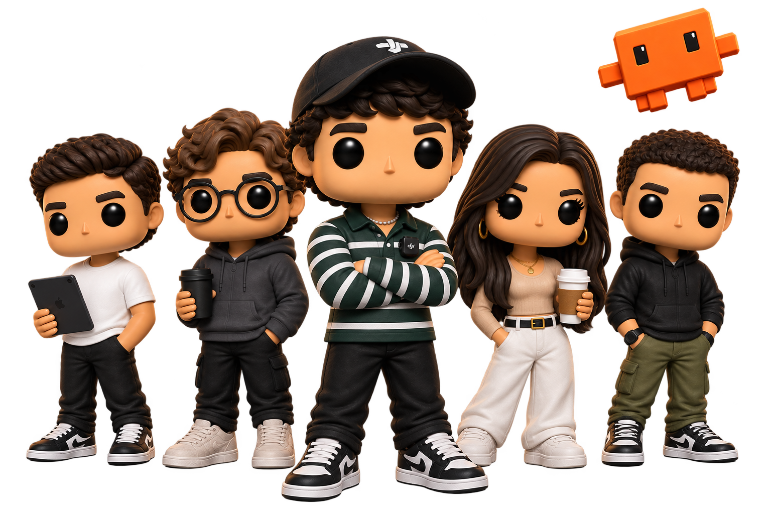 Equipo de empleados de IA ilustrado en estilo pixel 3D